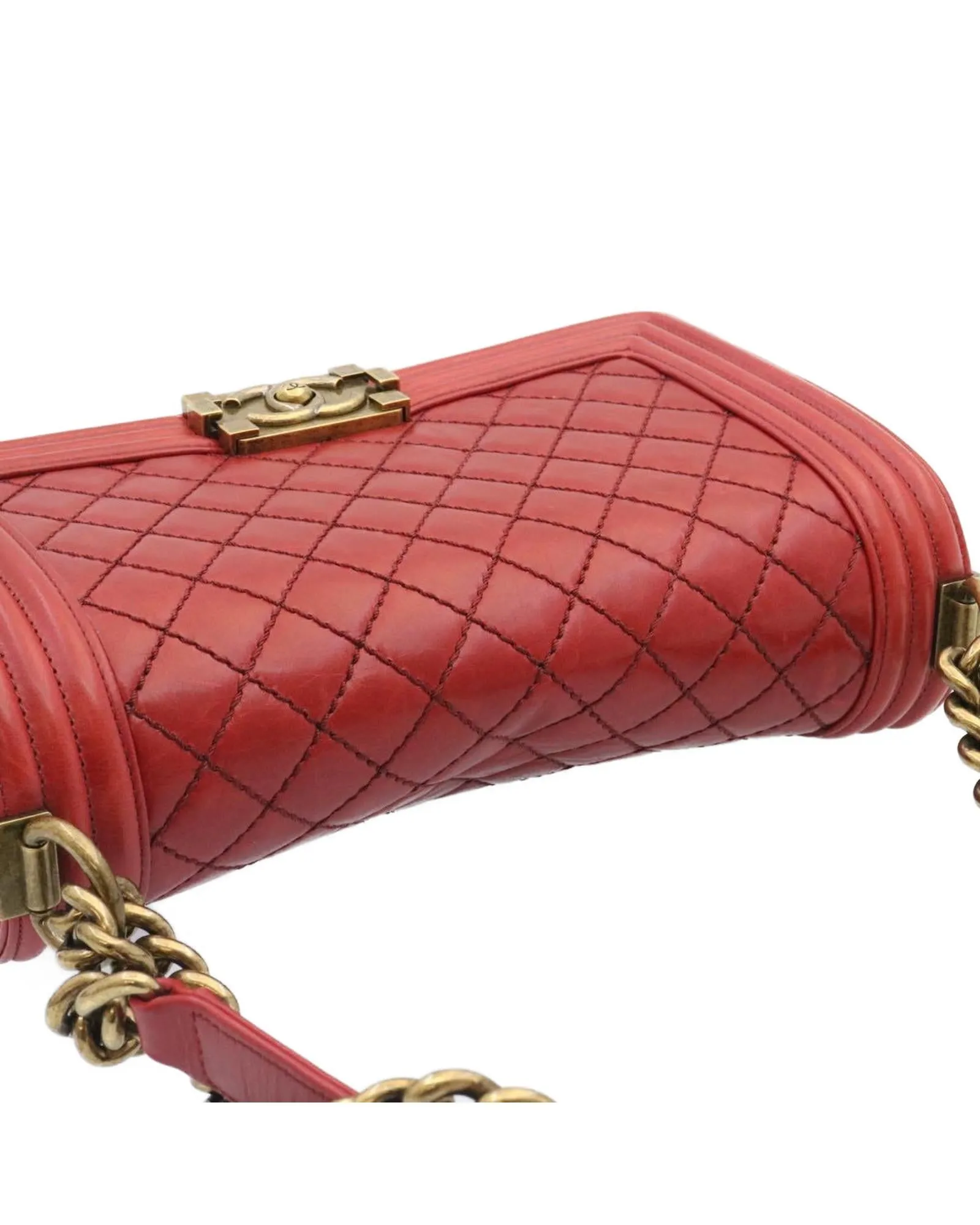 Matelasse Red Leather Chain Flap Shoulder Bag