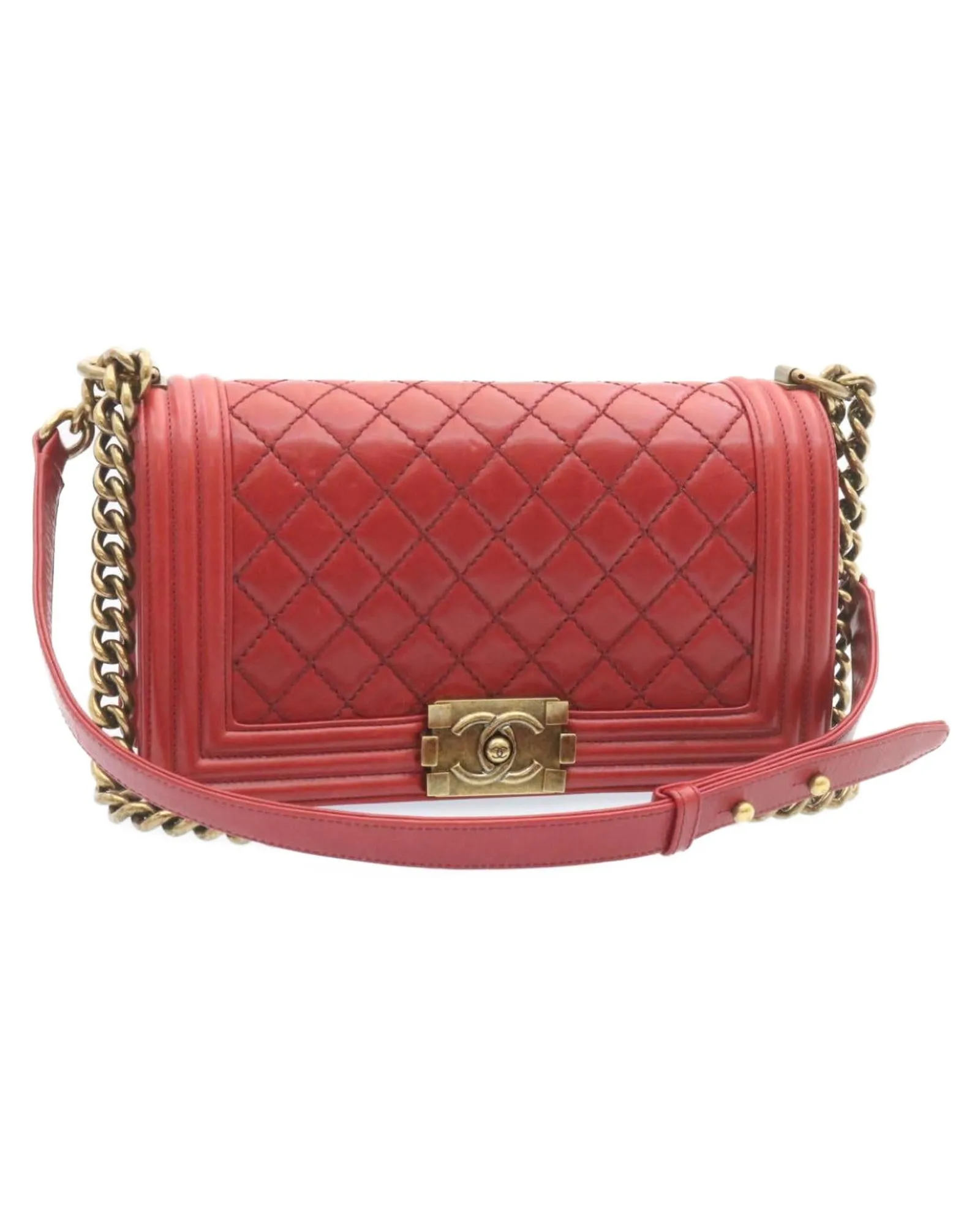 Matelasse Red Leather Chain Flap Shoulder Bag