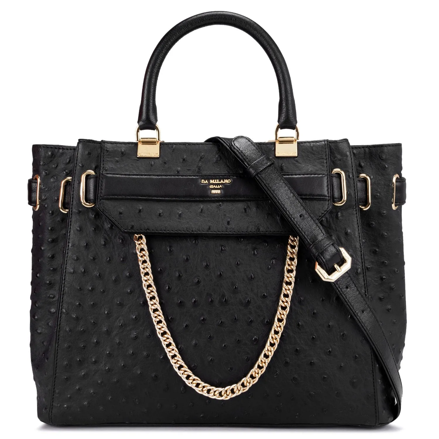 Medium Ostrich Leather Satchel - Black