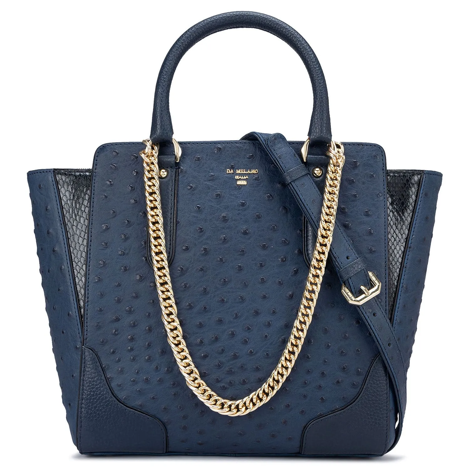 Medium Ostrich Leather Satchel - Navy Blue