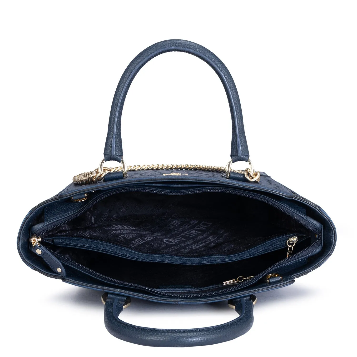 Medium Ostrich Leather Satchel - Navy Blue