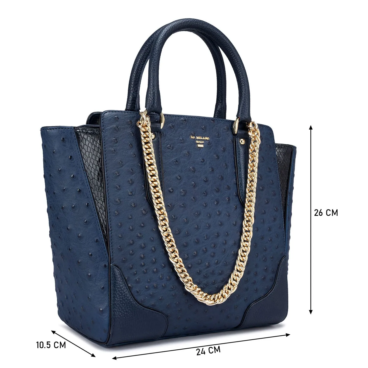 Medium Ostrich Leather Satchel - Navy Blue