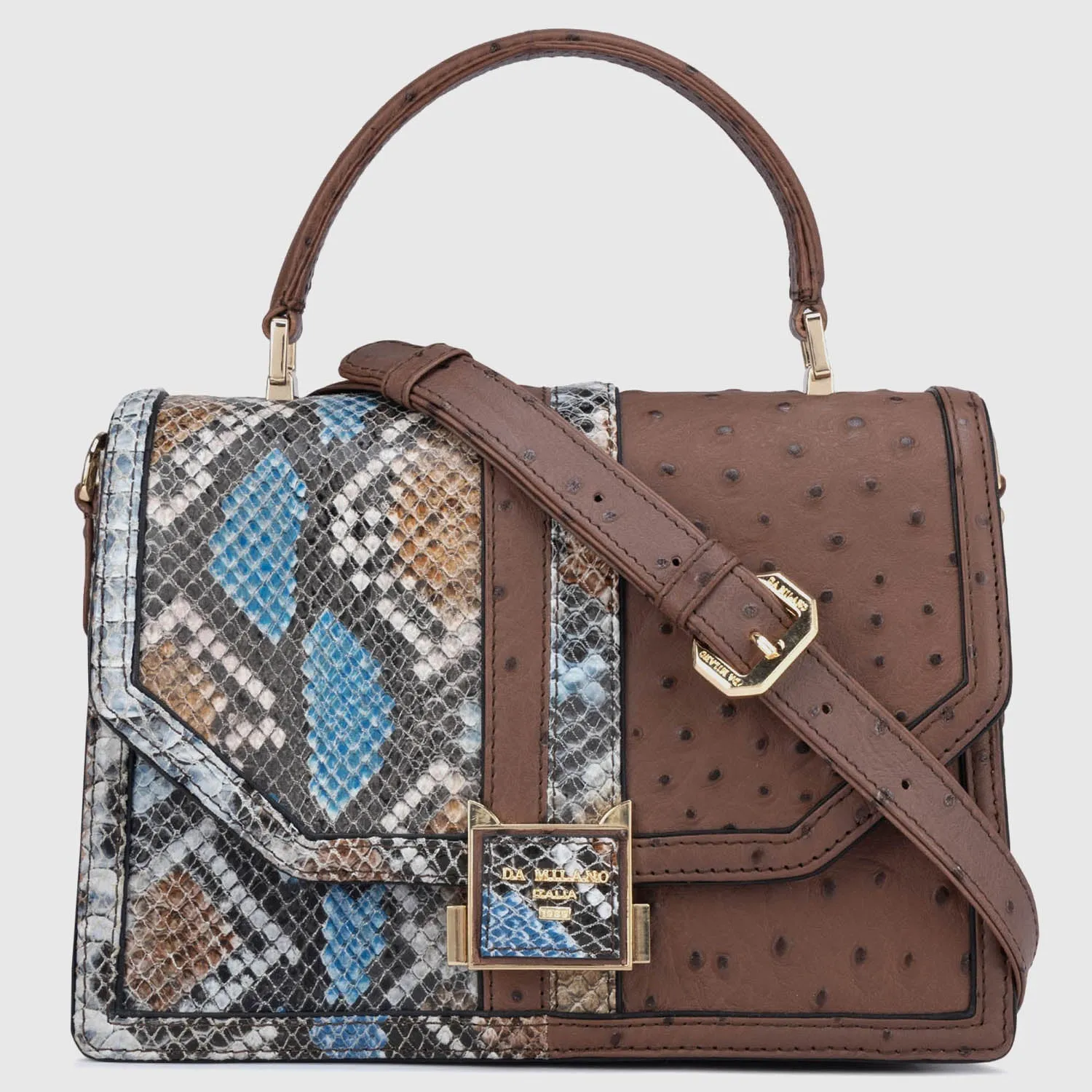 Medium Ostrich Snake Leather Satchel - Brown