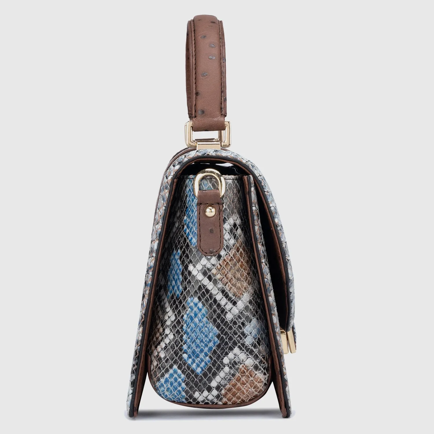 Medium Ostrich Snake Leather Satchel - Brown