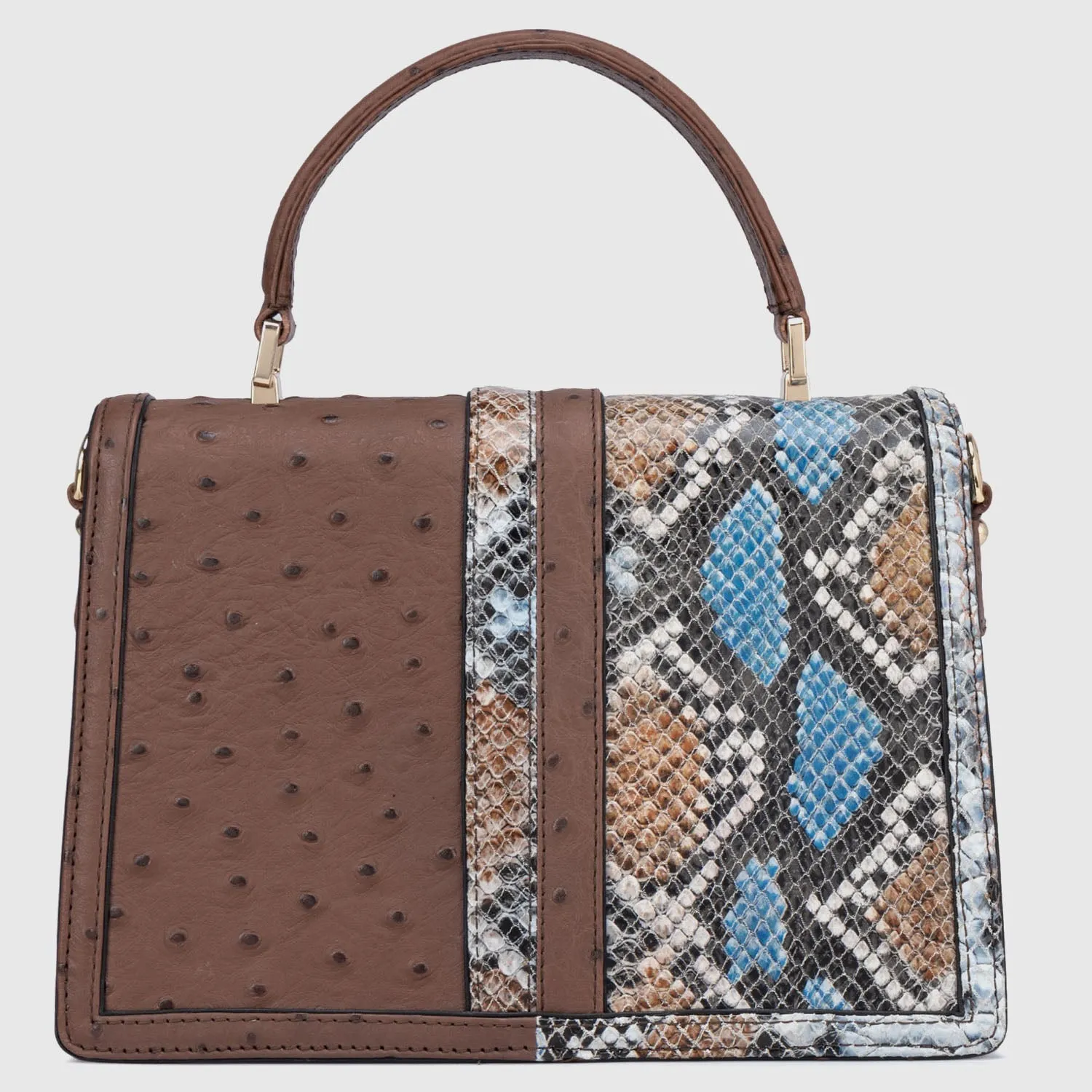 Medium Ostrich Snake Leather Satchel - Brown