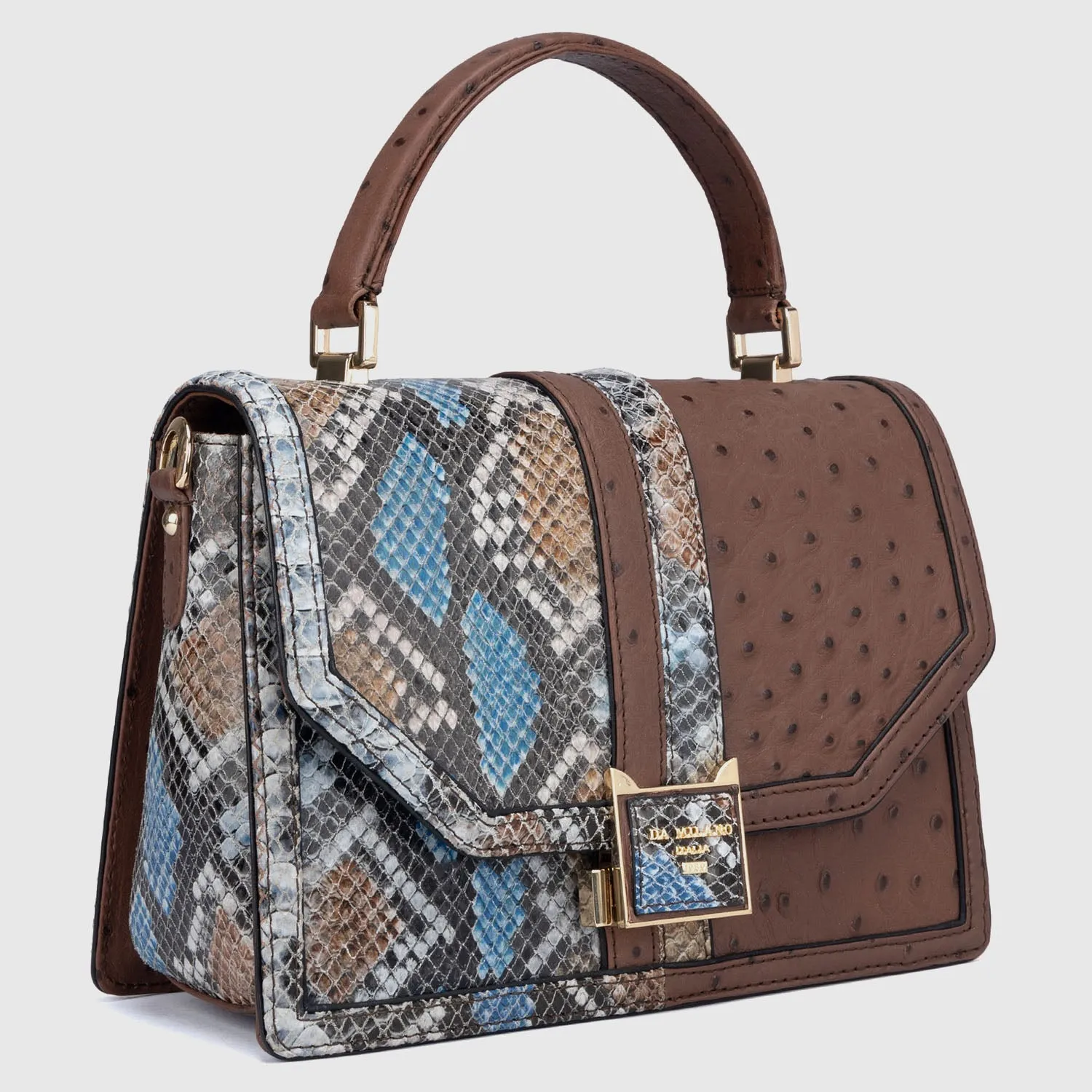 Medium Ostrich Snake Leather Satchel - Brown