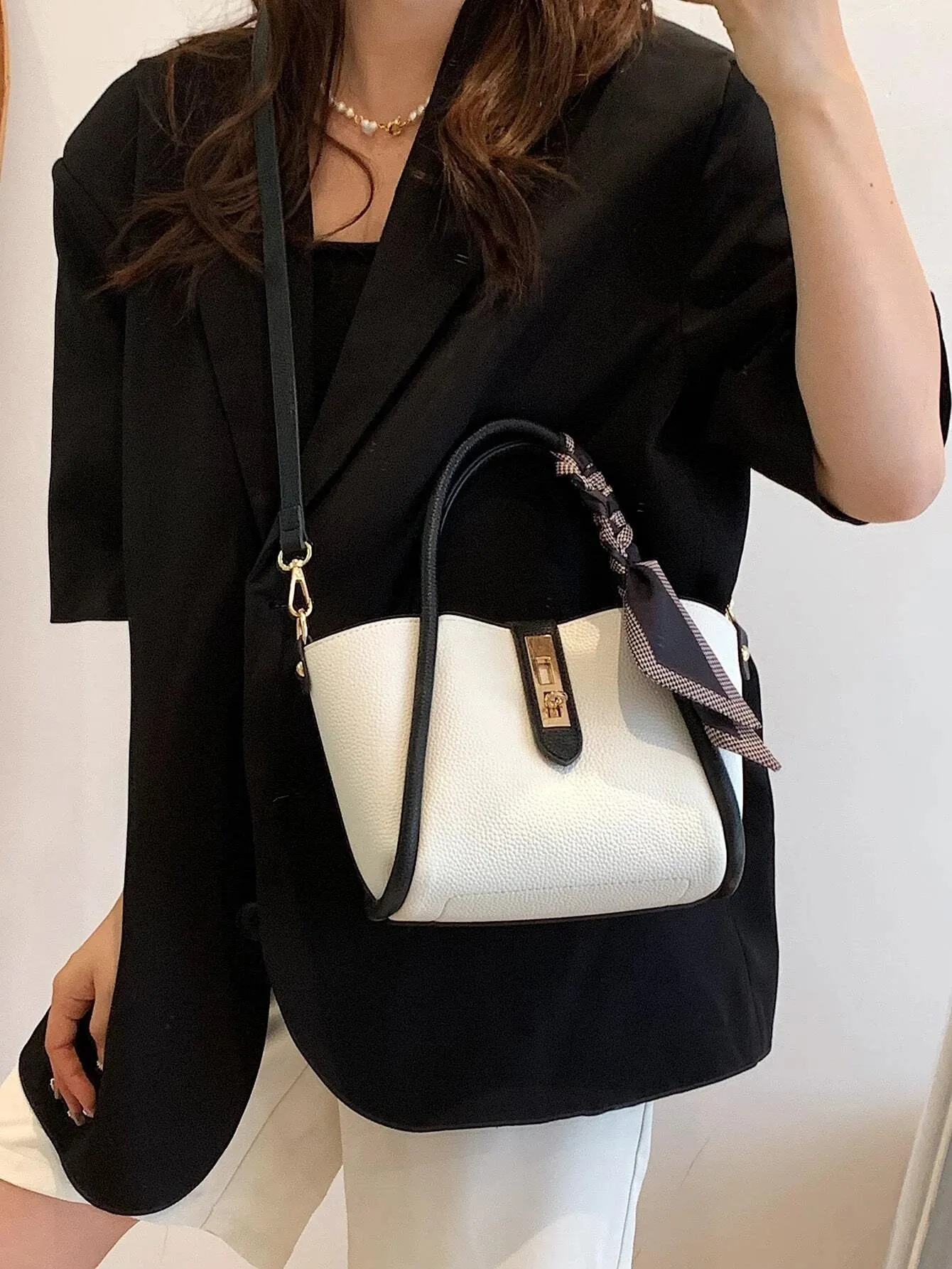 SHEIN CONTAINEVERY Skinny Scarf Decor Satchel Bag With Inner Pouch
