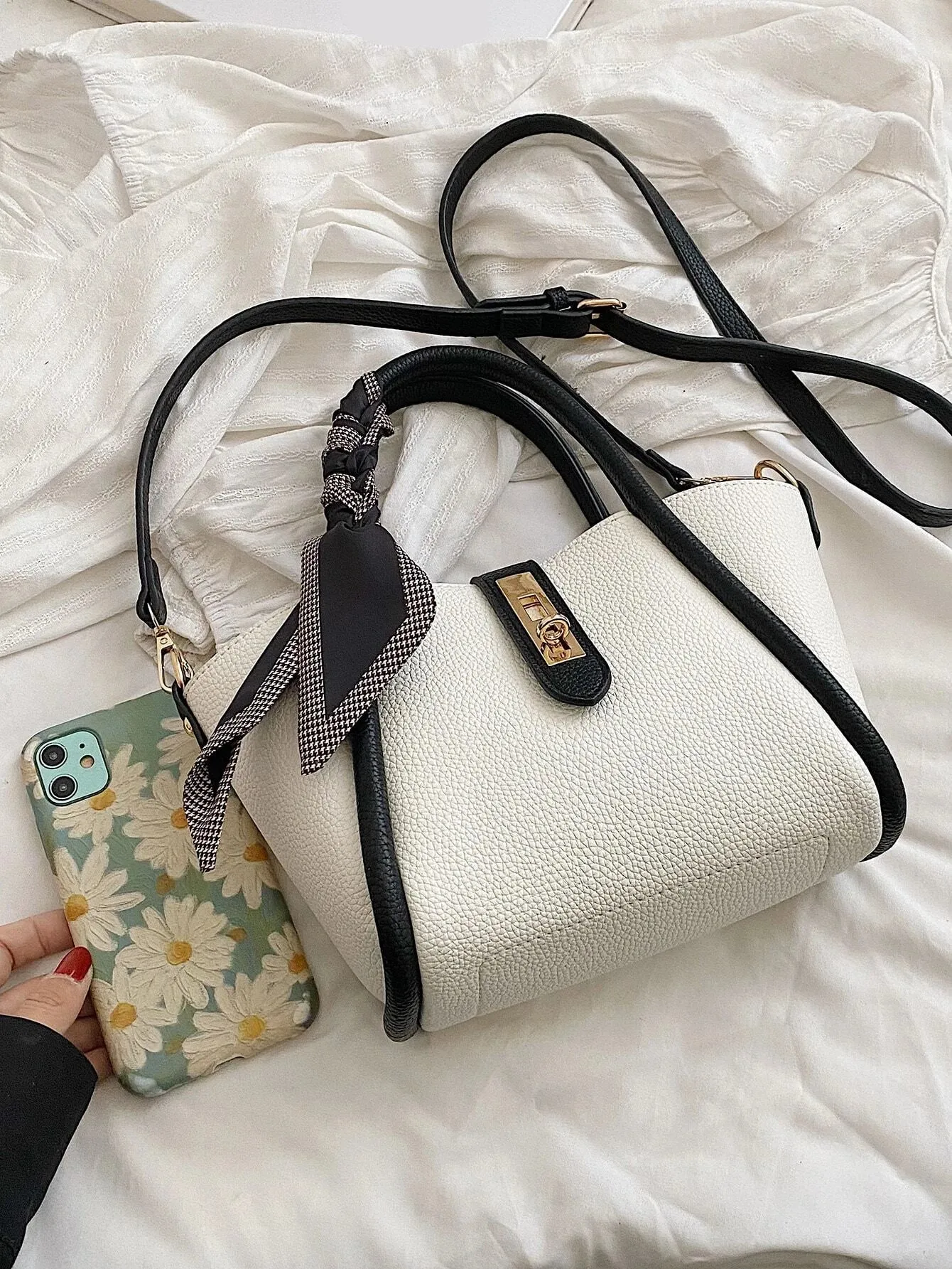 SHEIN CONTAINEVERY Skinny Scarf Decor Satchel Bag With Inner Pouch