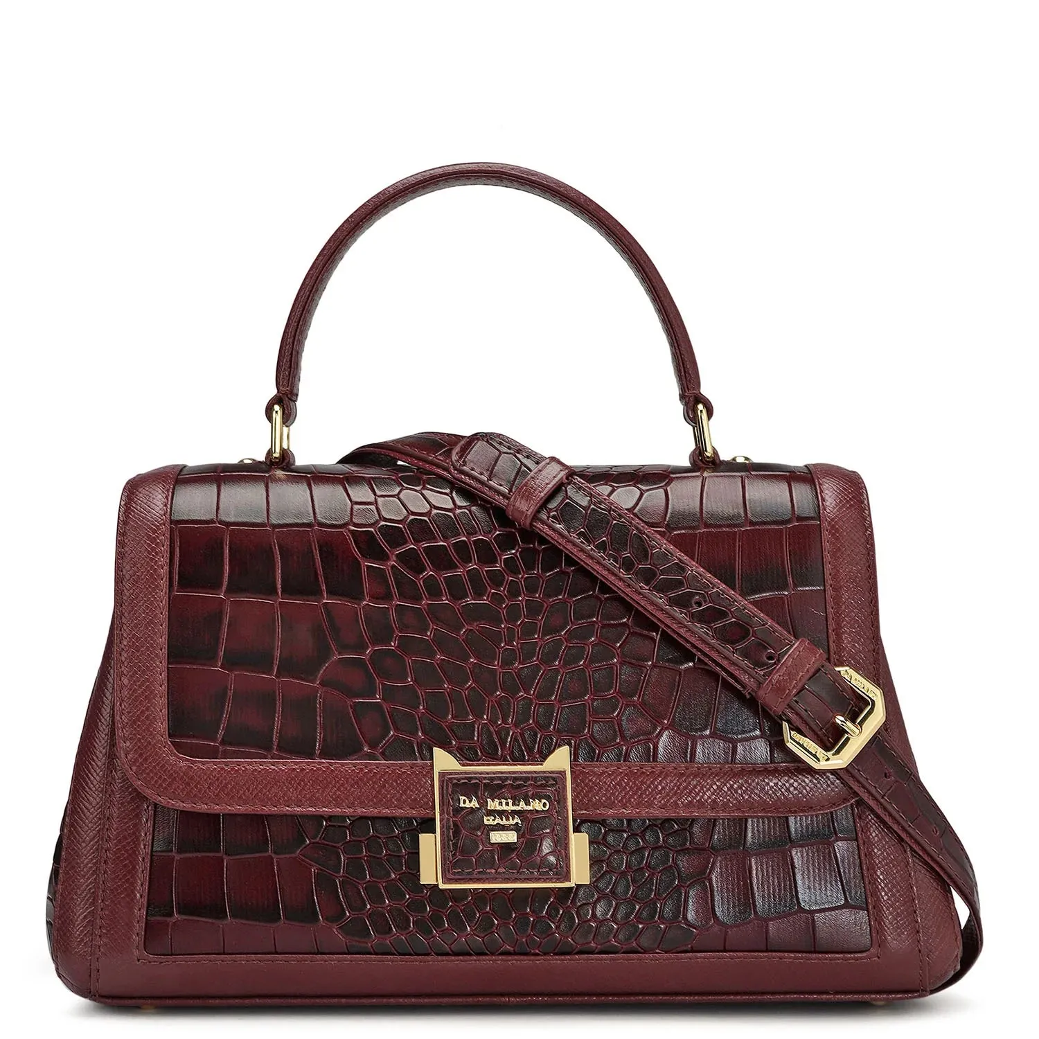 Small Croco Leather Satchel - Wine