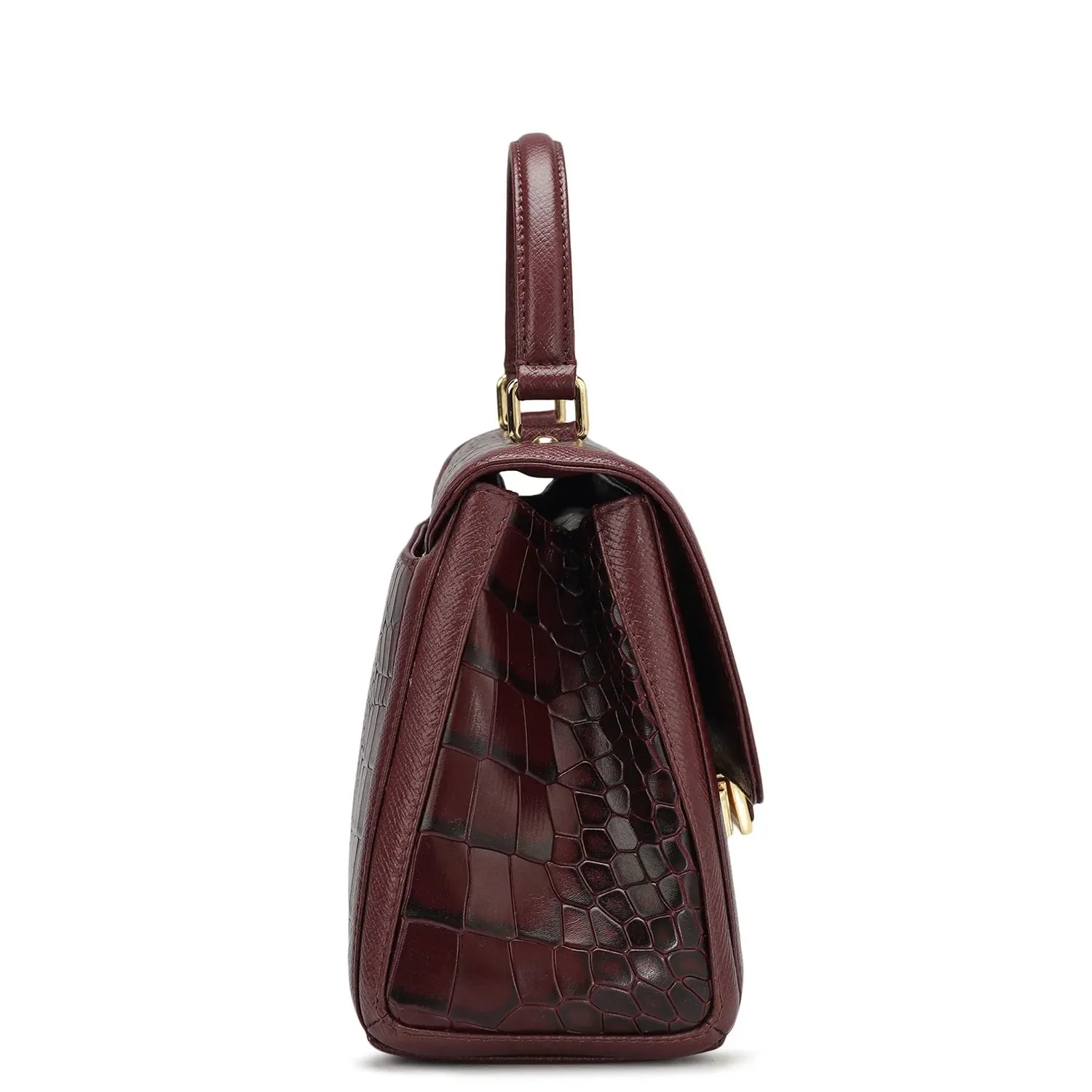 Small Croco Leather Satchel - Wine