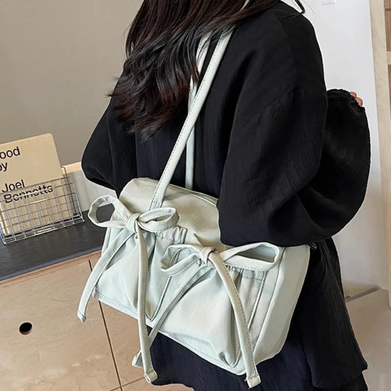 Sohiwoo 2024 New Korean Bow Nylon Shoulder Bag Fashionable and Sweet Design Tote Bag Folded Large Capacity Commuter Women's Handbag