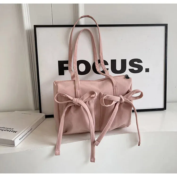 Sohiwoo 2024 New Korean Bow Nylon Shoulder Bag Fashionable and Sweet Design Tote Bag Folded Large Capacity Commuter Women's Handbag