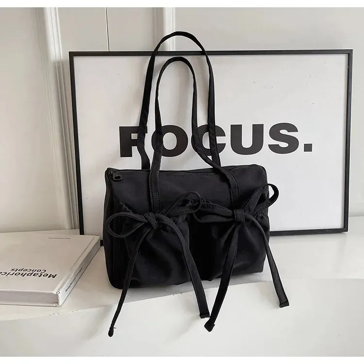 Sohiwoo 2024 New Korean Bow Nylon Shoulder Bag Fashionable and Sweet Design Tote Bag Folded Large Capacity Commuter Women's Handbag