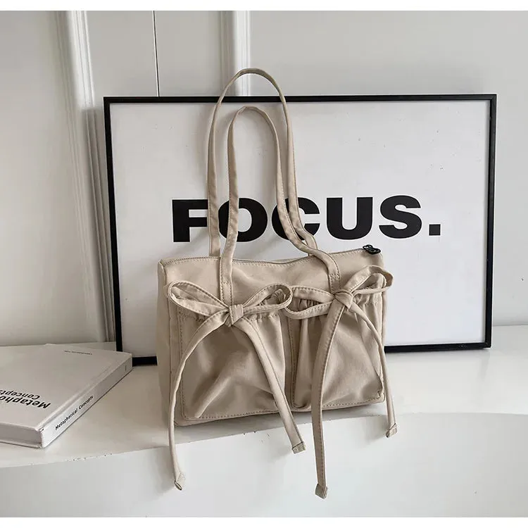Sohiwoo 2024 New Korean Bow Nylon Shoulder Bag Fashionable and Sweet Design Tote Bag Folded Large Capacity Commuter Women's Handbag