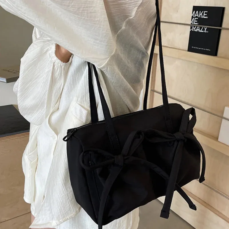 Sohiwoo 2024 New Korean Bow Nylon Shoulder Bag Fashionable and Sweet Design Tote Bag Folded Large Capacity Commuter Women's Handbag