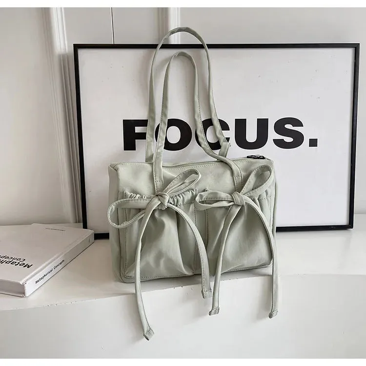 Sohiwoo 2024 New Korean Bow Nylon Shoulder Bag Fashionable and Sweet Design Tote Bag Folded Large Capacity Commuter Women's Handbag