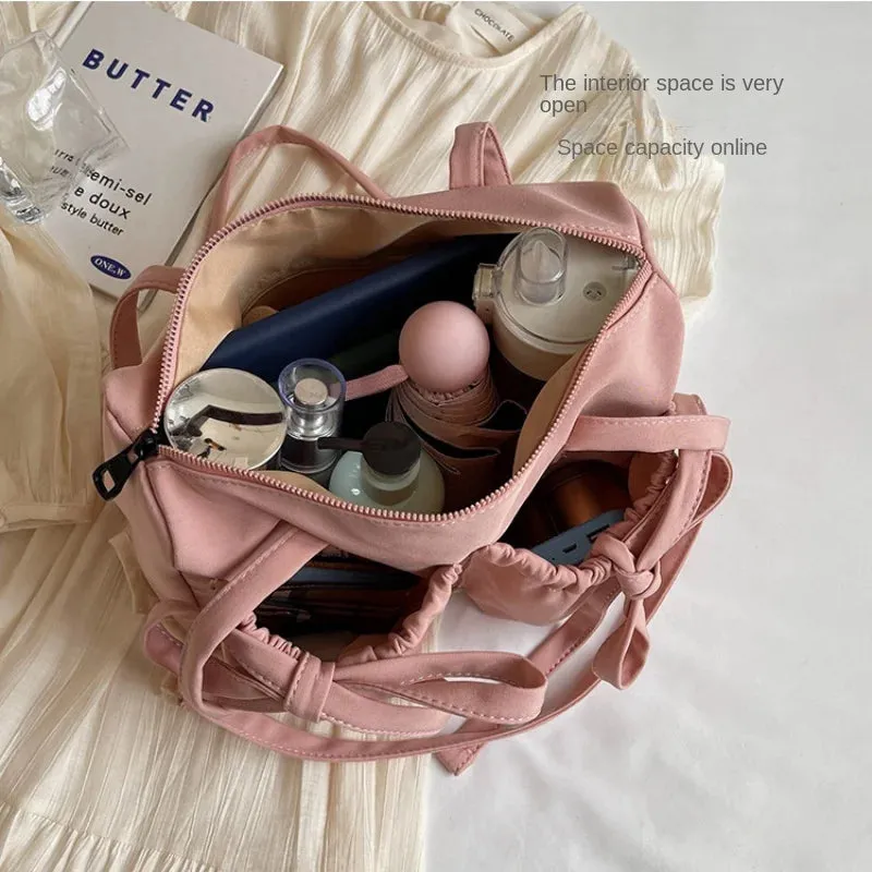 Sohiwoo 2024 New Korean Bow Nylon Shoulder Bag Fashionable and Sweet Design Tote Bag Folded Large Capacity Commuter Women's Handbag