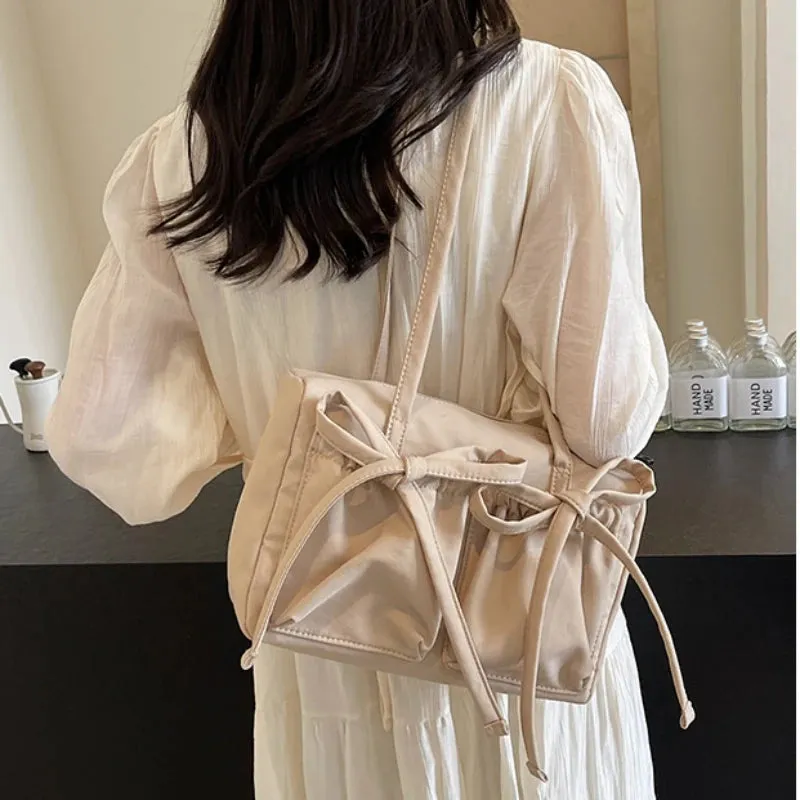 Sohiwoo 2024 New Korean Bow Nylon Shoulder Bag Fashionable and Sweet Design Tote Bag Folded Large Capacity Commuter Women's Handbag